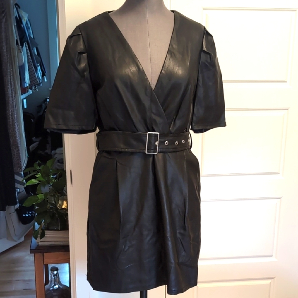 Faux Leather Belted Dress